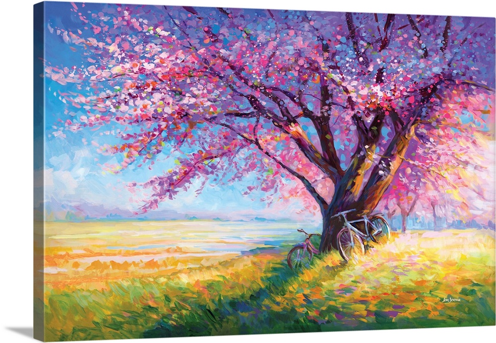 A beautiful artwork of cherry blossom trees in full bloom, with bicycles resting under their branches, evoking a sense of ...