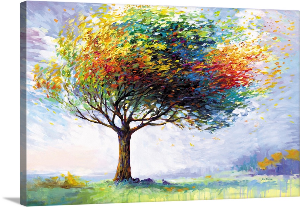 A single tree stands tall beneath a bright sky, its vibrant leaves flowing in every direction with expressive color. The w...