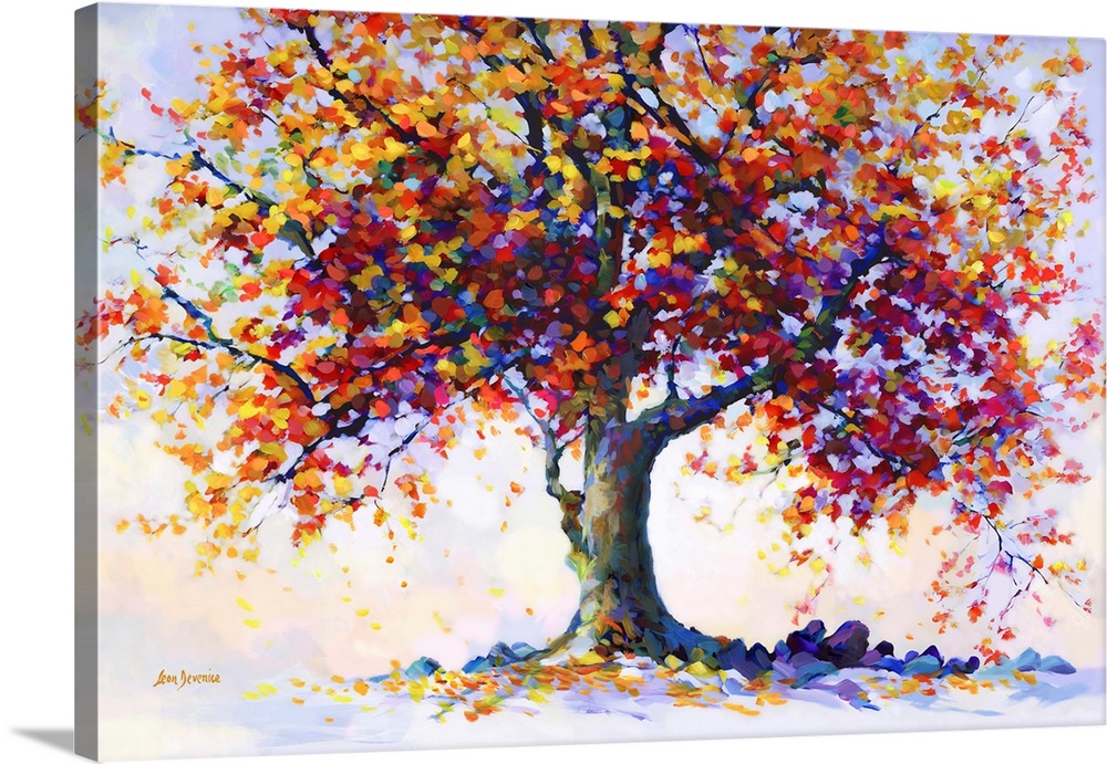 This contemporary landscape brings to life a majestic tree in full autumnal bloom. Its branches are a cascade of warm, fie...