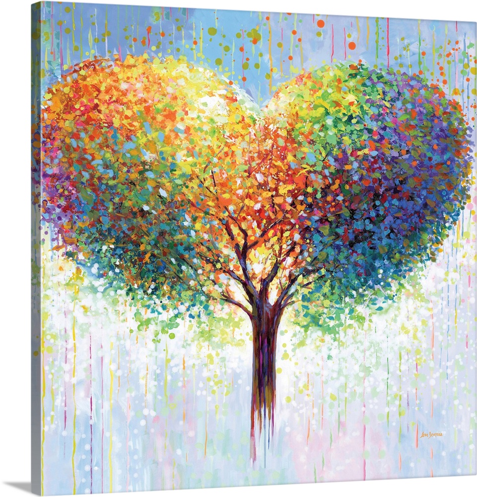 A lively artwork of a heart-shaped tree with colorful leaves, depicted in an abstract and vibrant style, symbolizing love ...