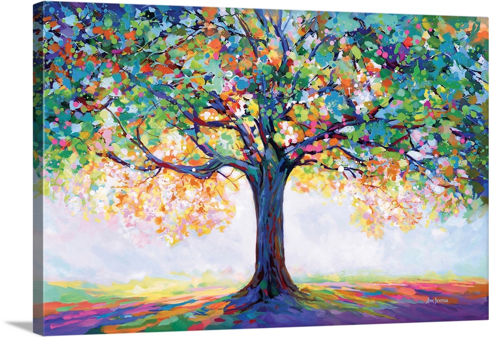 Artwork of a large colorful tree with abstract leaves, showcasing the beauty of nature in a bright and expressive style