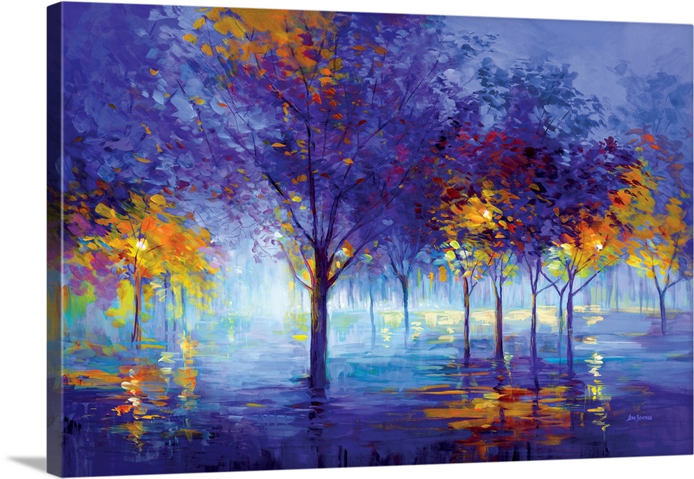 A serene and dreamy artwork of trees at night, with vibrant colors and a calm, mystical atmosphere.