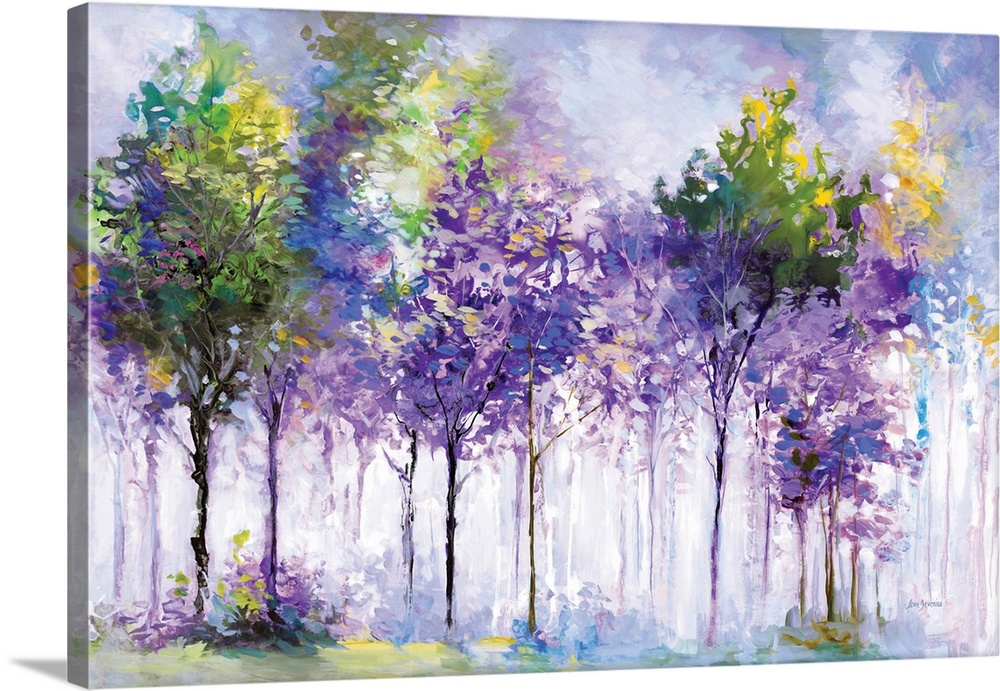 Abstract artwork of vibrant trees with purple and green foliage in a misty, ethereal forest