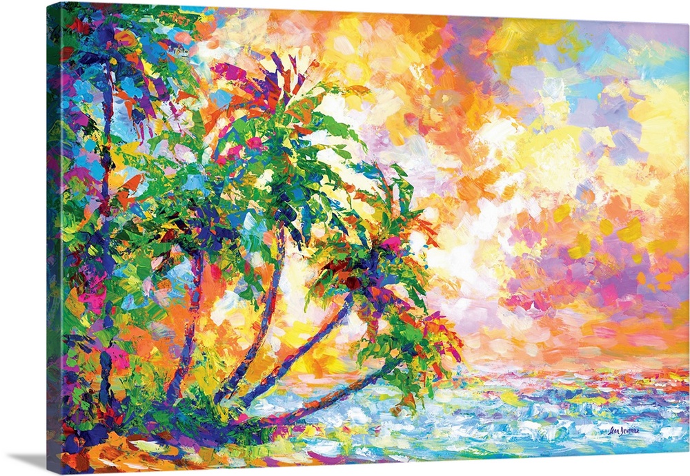Vibrant and colorful contemporary painting of a tropical beach with palm trees in Kauai, Hawaii.