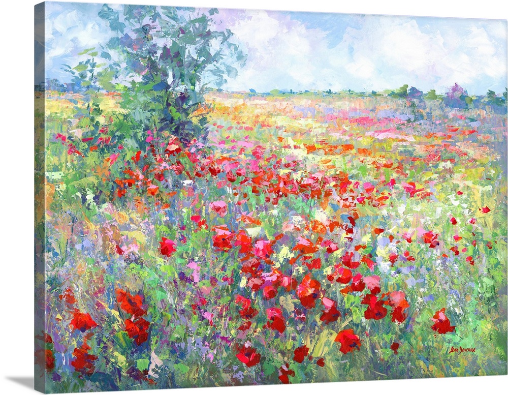 Contemporary painting of a vibrant and colorful wildflower field in Tuscany, Italy.