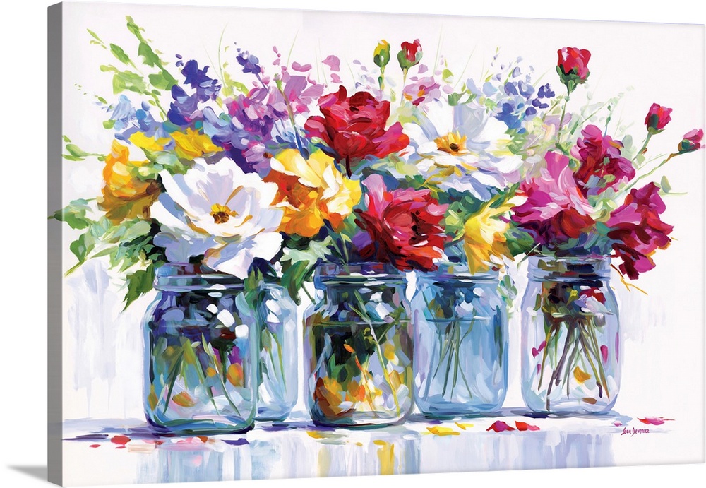 A bright and lively artwork featuring vibrant flowers in mason jars, showcasing a mix of colorful blooms and greenery in a...