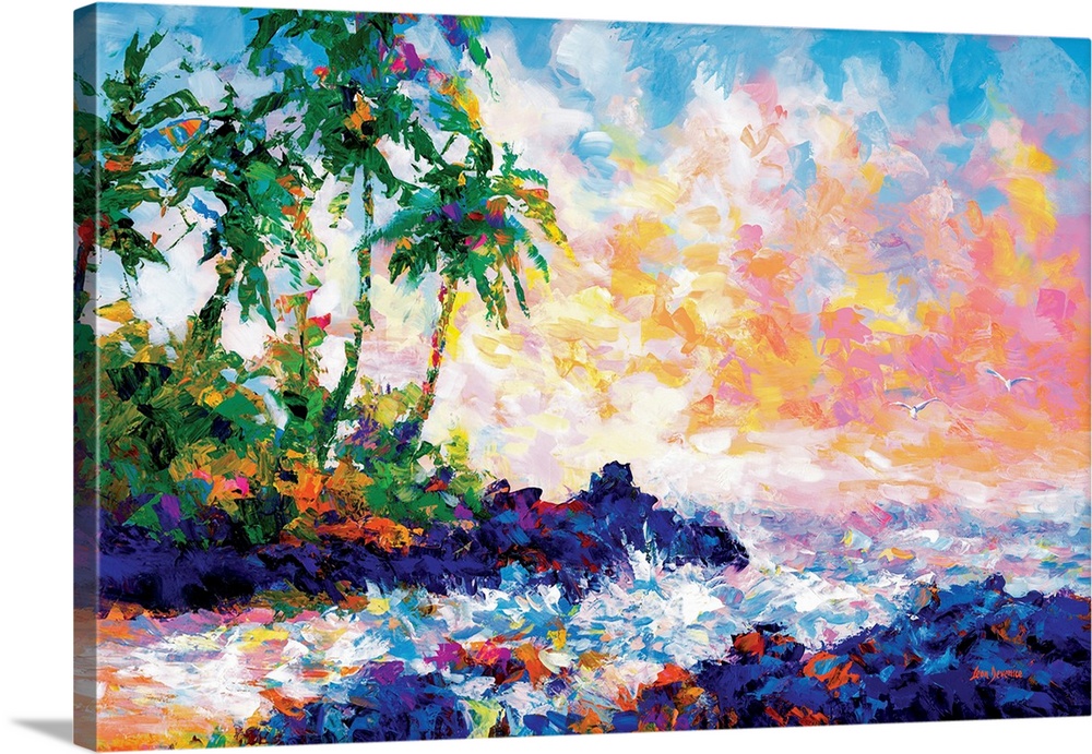 Vibrant and colorful contemporary painting of waves on a tropical beach with palm trees in Maui, Hawaii.