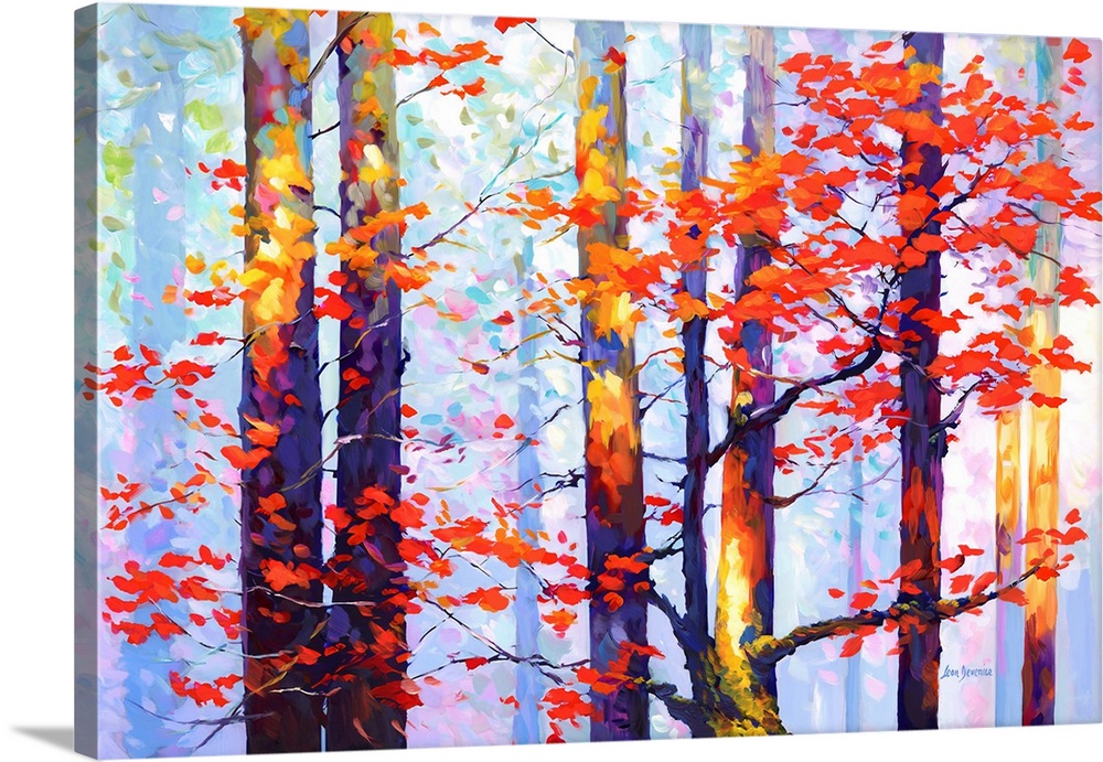 This contemporary piece captures a serene autumnal forest scene, where the trees stand tall in a burst of fiery red leaves...