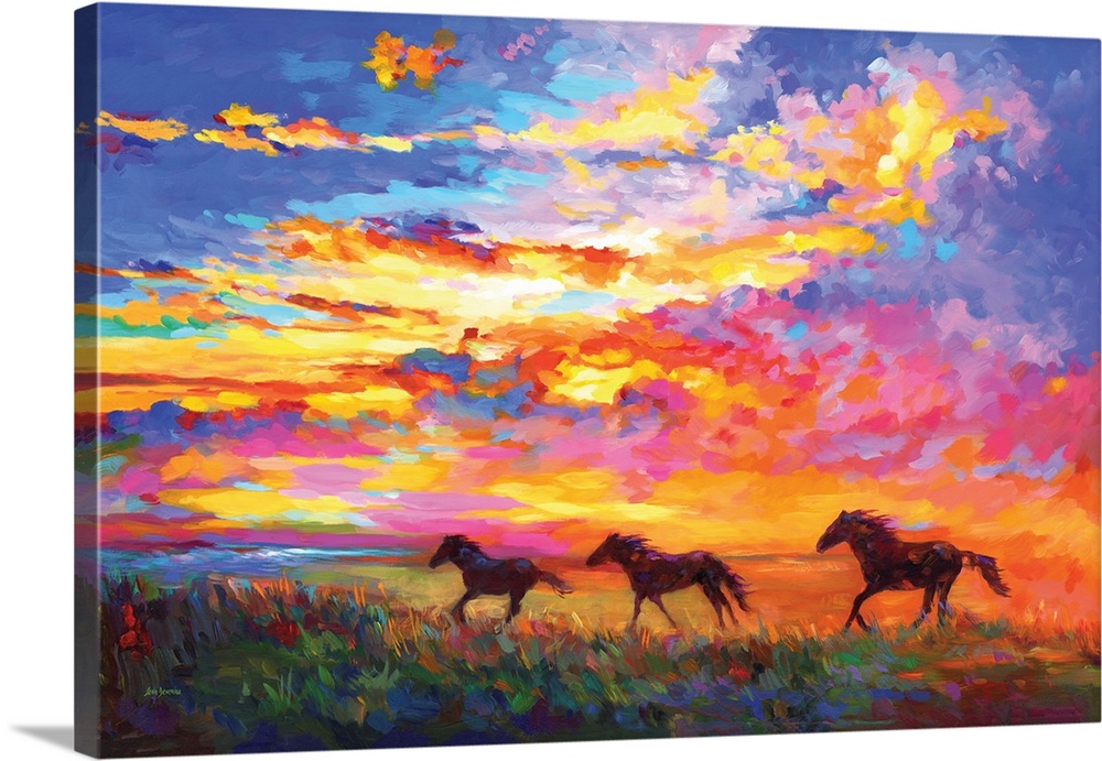 Wall Art Canvas Picture Print Horses Running in Sunset B015 3.2 