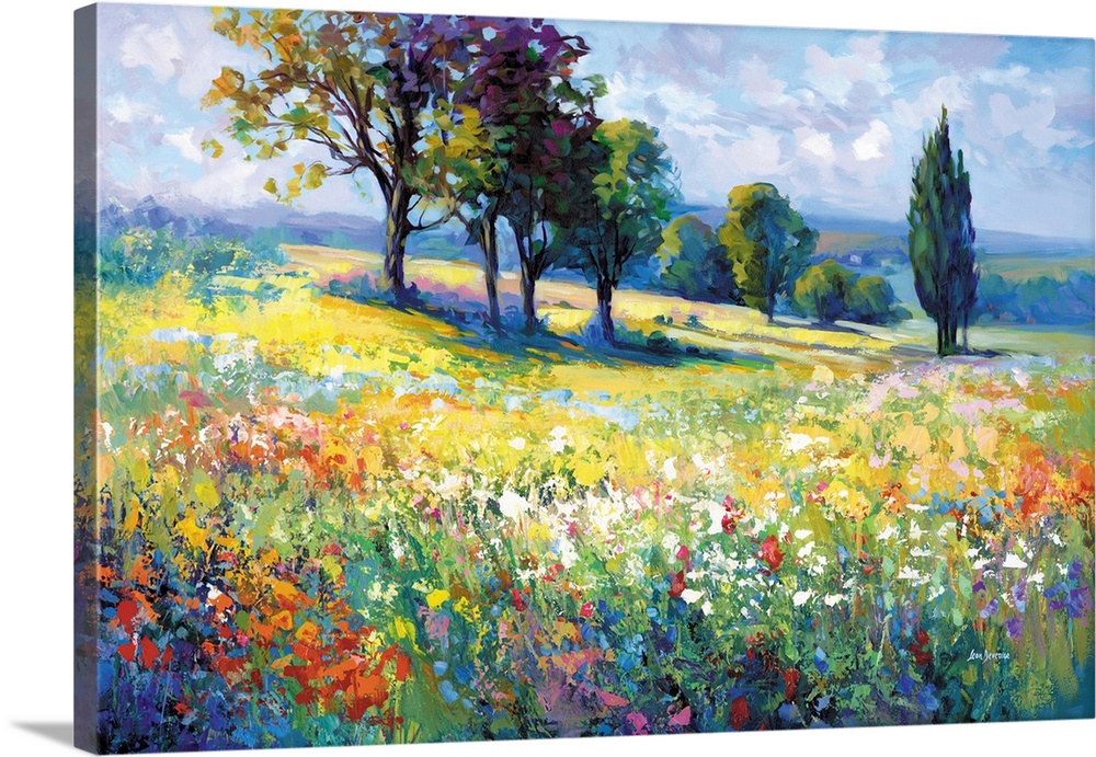 A vibrant countryside unfolds under a bright sky, with wildflowers stretching across golden fields in every direction. Tre...