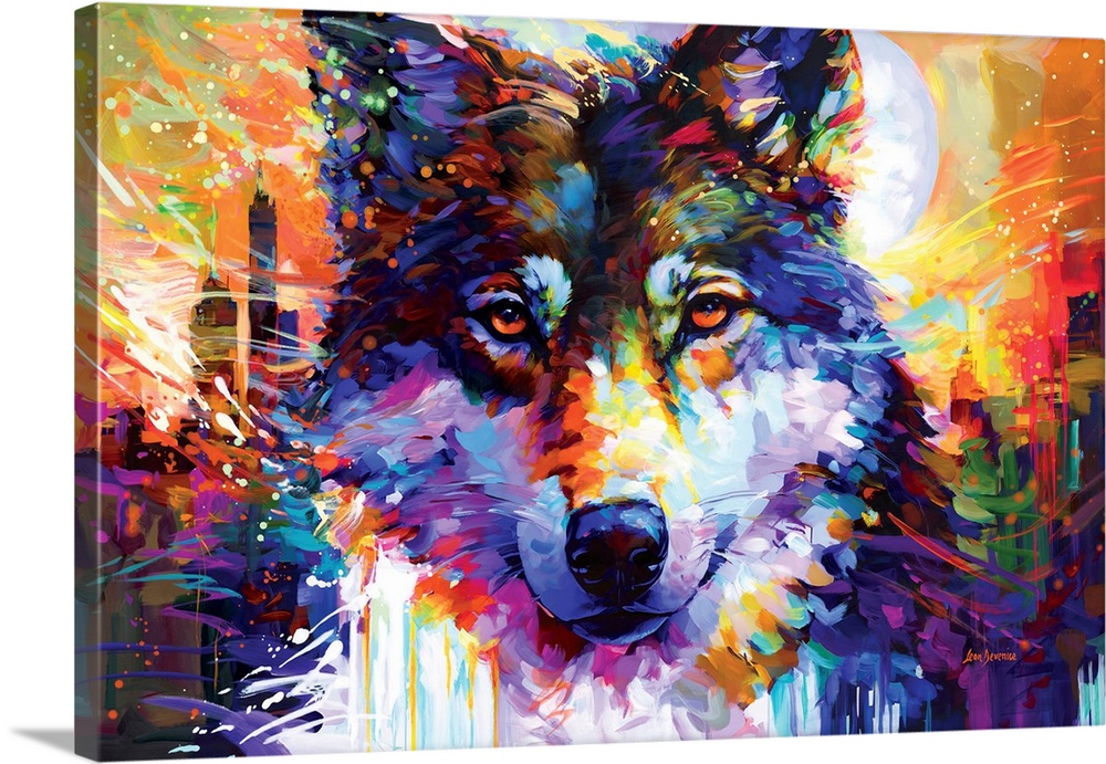 This vibrant portrait captures a wolf's gaze against a cityscape backdrop, merging wild instinct with urban energy in a sp...