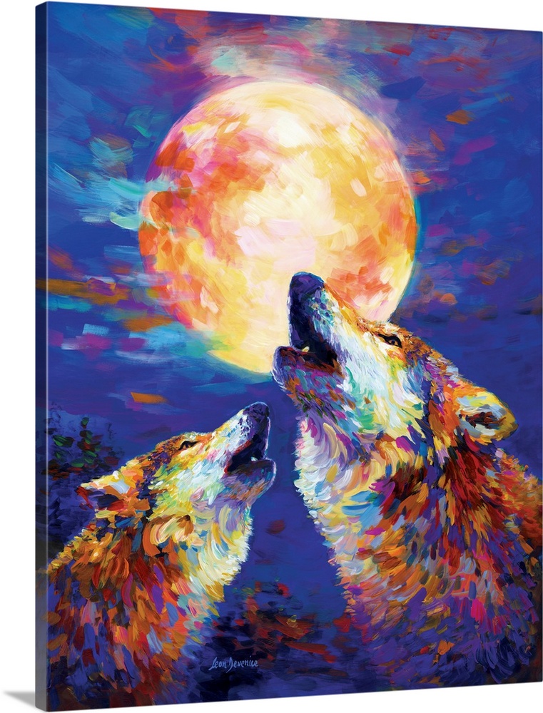 Contemporary painting of two colorful wolves howling at the full moon at night.