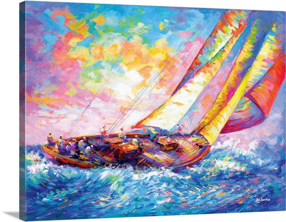 A vibrant and colorful painting of a sailboat crew racing on ocean waves in the style of contemporary impressionism.