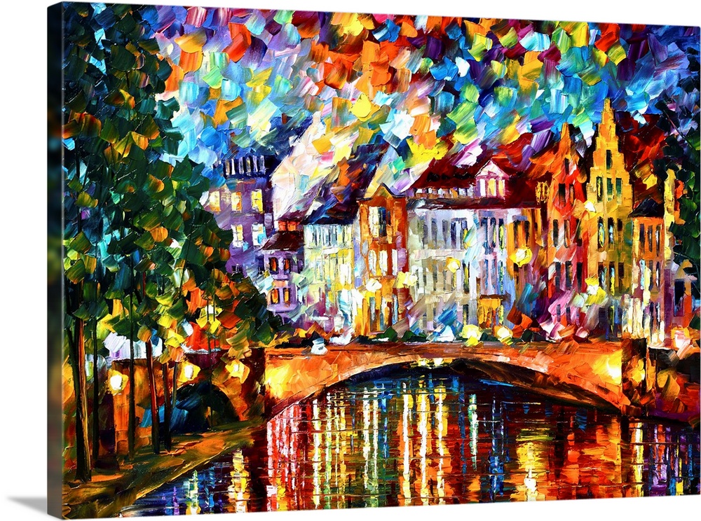 Brightly colored abstract painting of Amsterdam with short thick brush strokes on canvas.