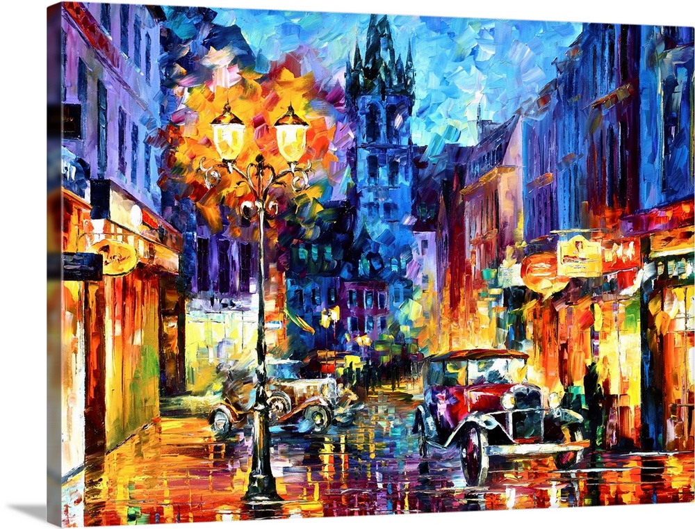 Contemporary artwork that uses various colors to depict a small town with old fashioned cars on the street and an antique ...