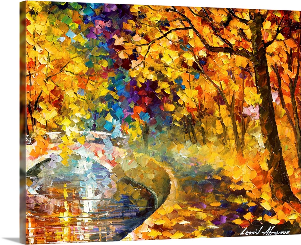 Contemporary painting of a bridge over a stream in a forest with autumn foliage.