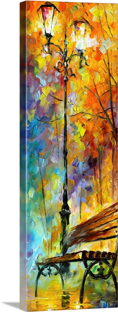 This large vertical piece is a painting of a bench and a street lamp with an array of colors painted around the lamp and a...