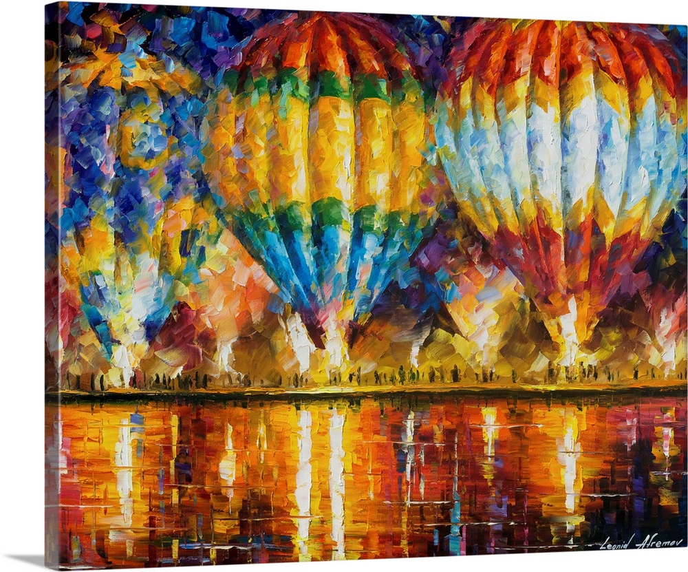 Contemporary colorful painting of massive hot air balloons hovering over a reflective river.