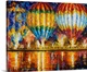 image thumbnail of Contemporary colorful painting of massive hot air balloons hovering over a reflective river.