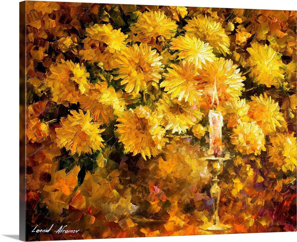 Contemporary colorful painting of a bouquet of yellow flowers, with a single lit candle in front.