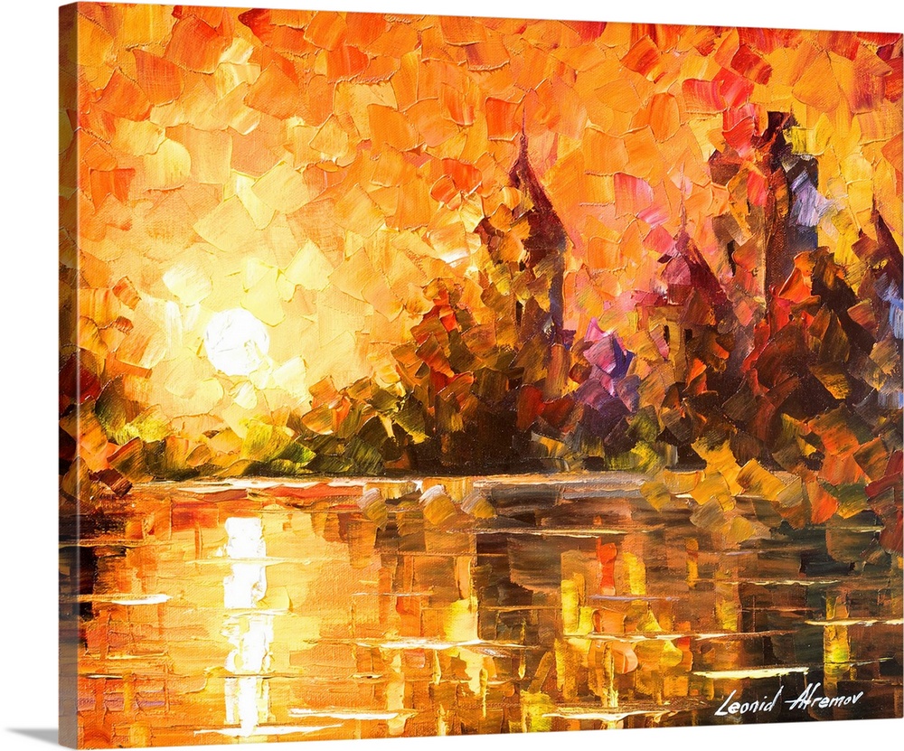 Contemporary colorful painting of the sun setting over a castle next to a still river.