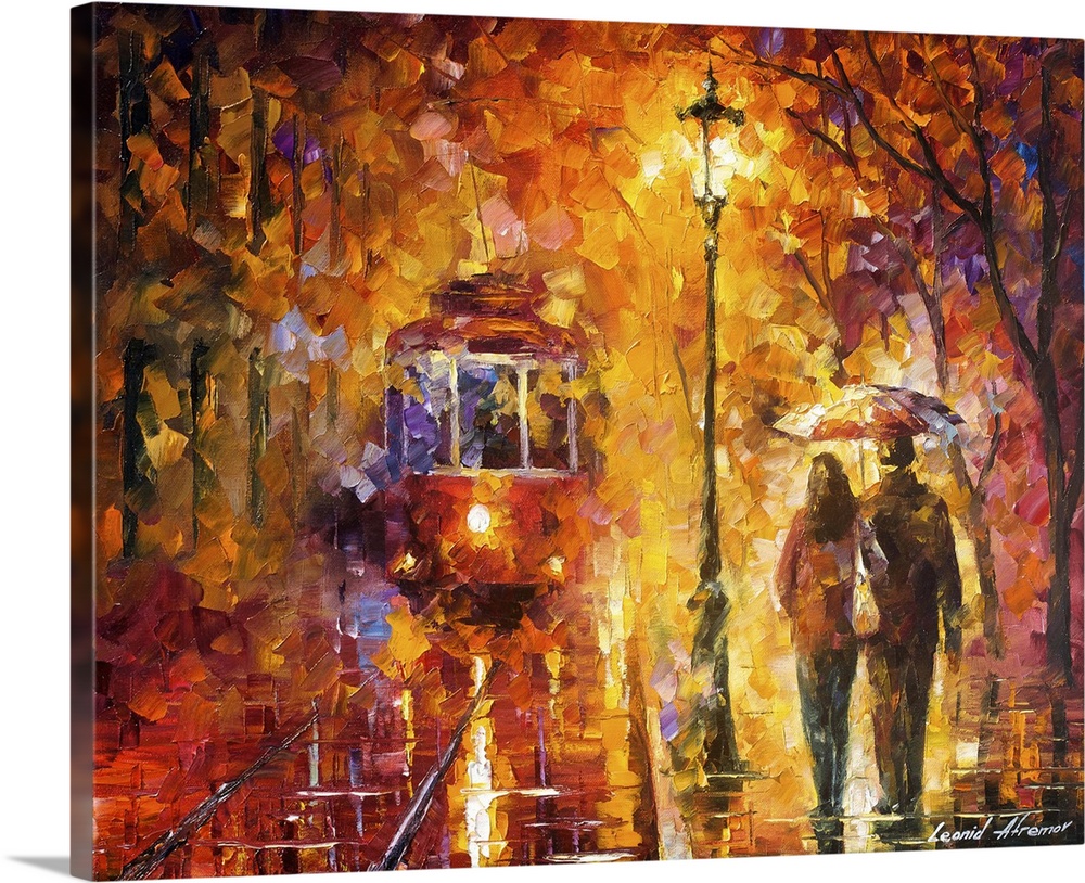 Contemporary colorful painting of a couple sharing an umbrella walking down a sidewalk in the rain.