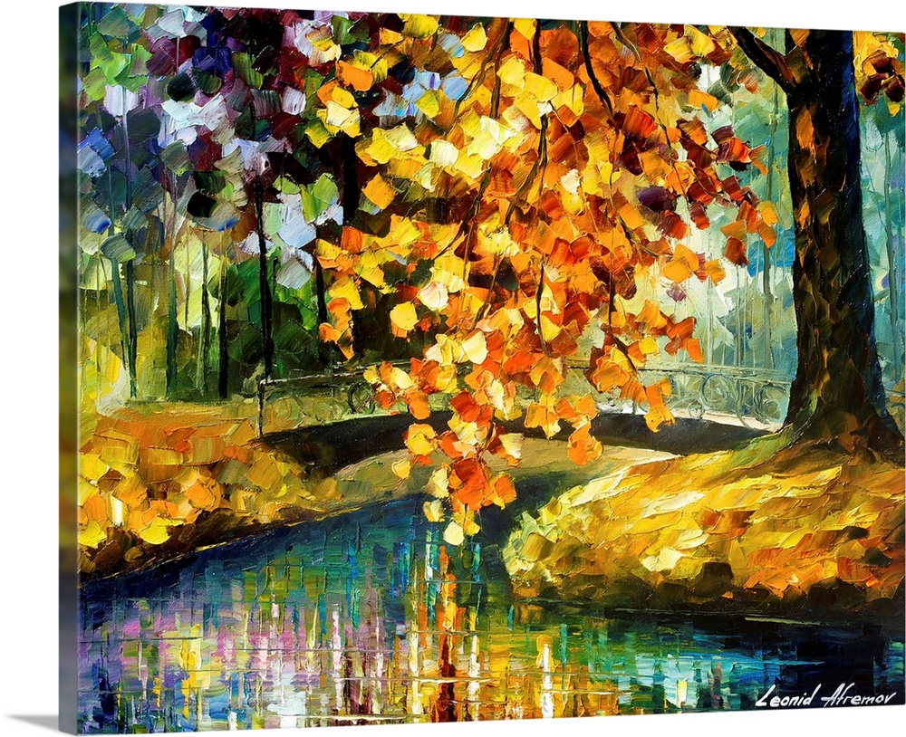 Contemporary colorful painting of a branch from a tree with autumn foliage hanging over a small river.