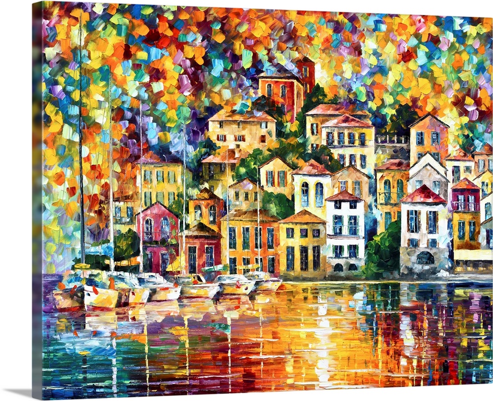 A contemporary painting that makes use of a saturated rainbow of colors to show a harbor with sail boats and homes built i...