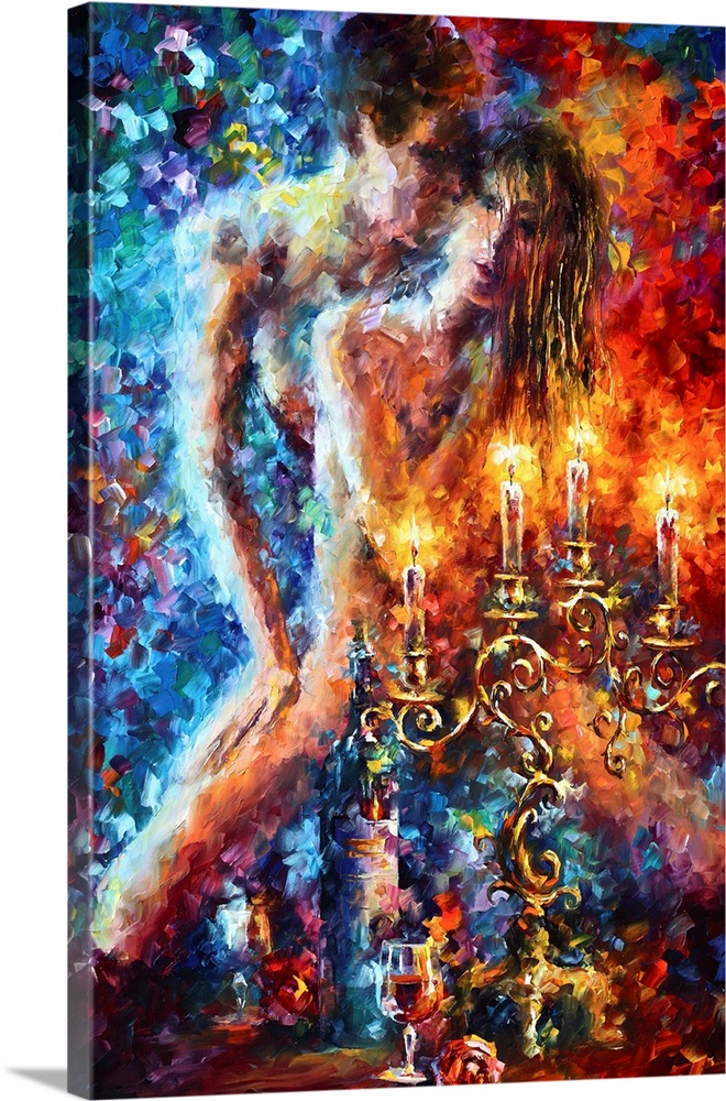 Vertical abstract painting of a couple in an erotic pose with candles and wine glasses.