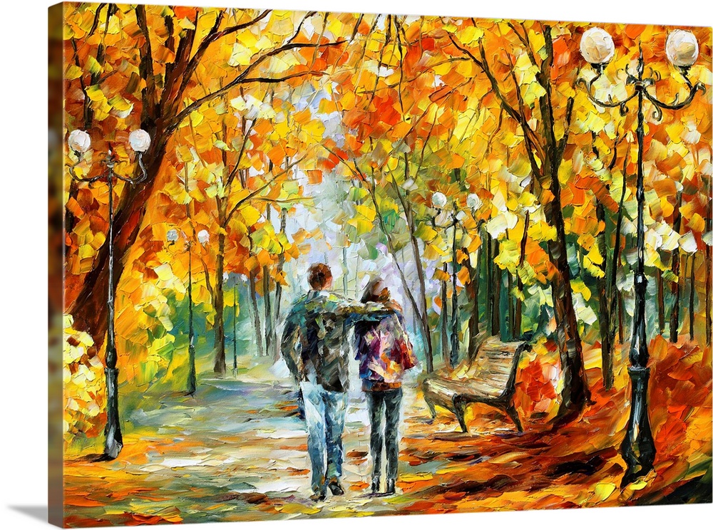 Painting of a couple walking through the park on a pathway lined with trees covered in fall foliage, street lamps, and a b...