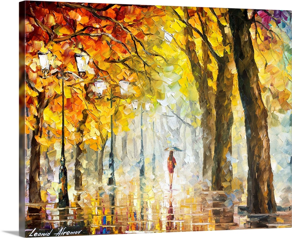 Contemporary painting of a woman walking with an umbrella down a wet road reflecting the light posts and foliage.