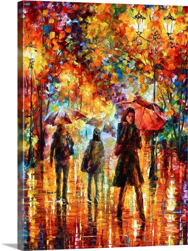 Portrait, oversized, multicolored wall painting of several figures walking at night with umbrellas, on wet ground that is ...