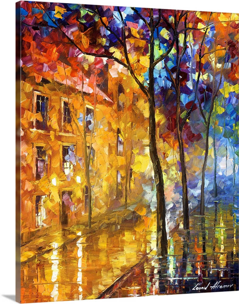Contemporary painting of an urban road wet from a rain, with trees lining the sidewalk.
