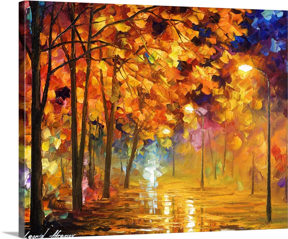 Contemporary colorful painting of a wet reflective road under trees with autumn foliage and light posts illuminated in the...