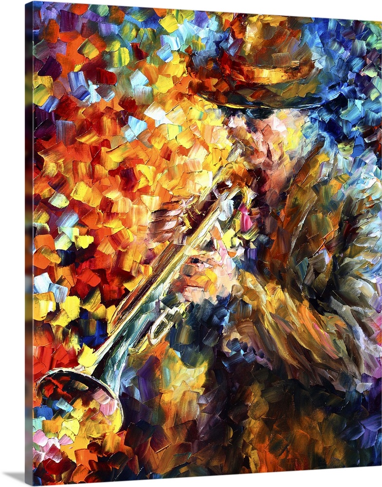 Vibrant colors are used to create small brush strokes that paint a man playing the trumpet .
