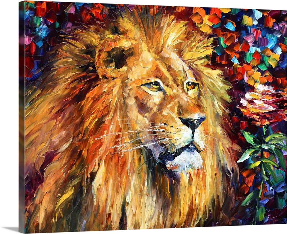 Contemporary painting of wildcat's face, head and mane with a multicolored background made from paint daubs.