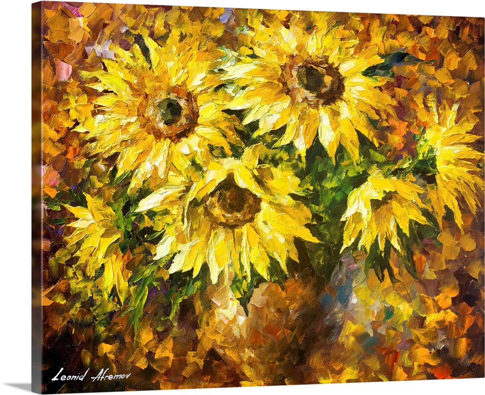 Contemporary colorful painting of a bouquet of sunflowers.