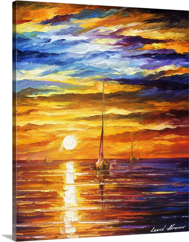 Contemporary colorful painting of the sun setting over a calm seascape.