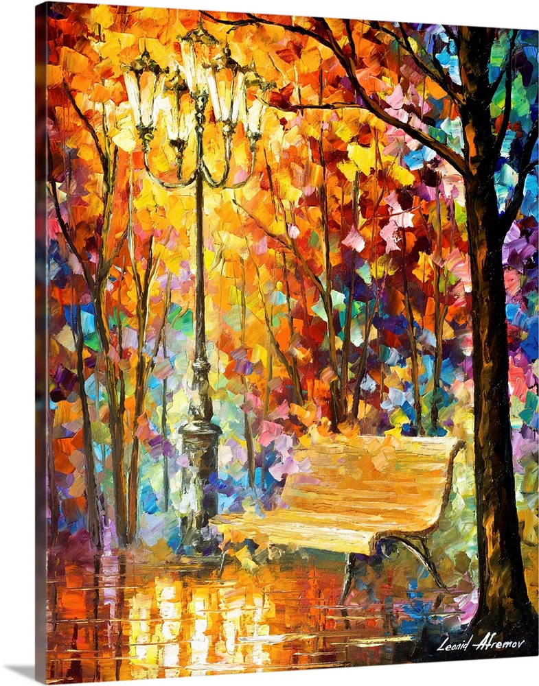 Contemporary colorful painting of an empty bench sitting along a wet sidewalk reflecting all the light posts and trees aro...