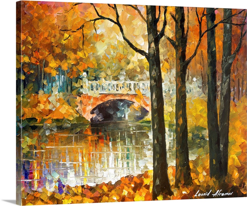 Contemporary colorful painting of a bridge over a river reflecting all the surrounding foliage.