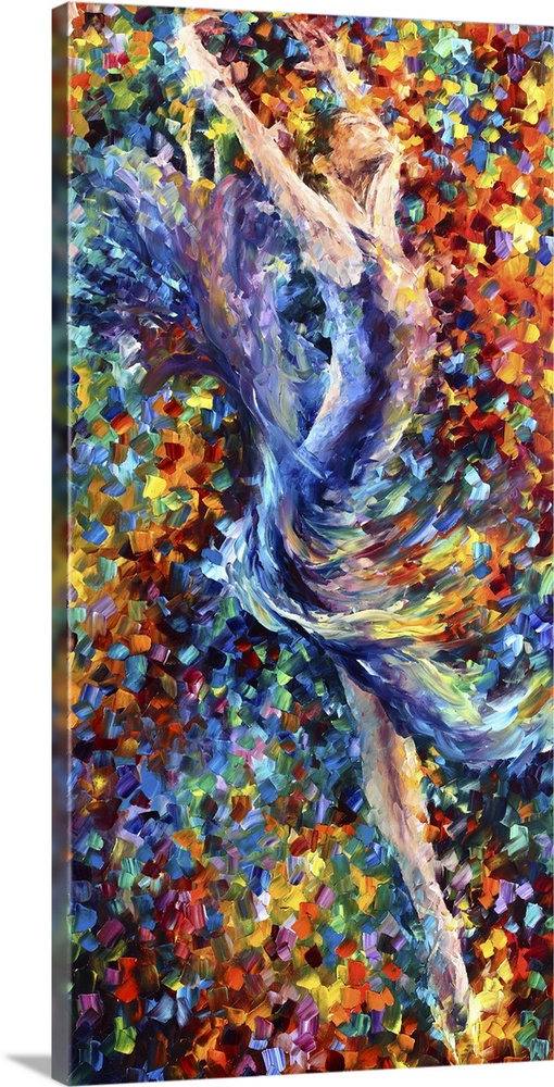 Giant, vertical painting of a woman in a flowing dress, arms outstretched as she dances, surrounded by a  background of br...