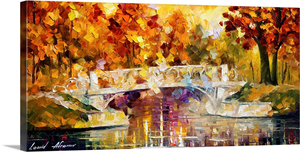 Contemporary painting of a bridge over a stream in a forest with autumn foliage.