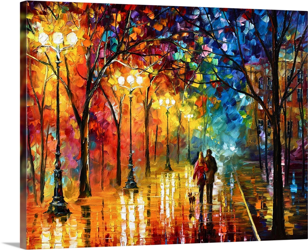 Contemporary landscape art work of a couple strolling down a city street at night with street lights illuminating wet pave...