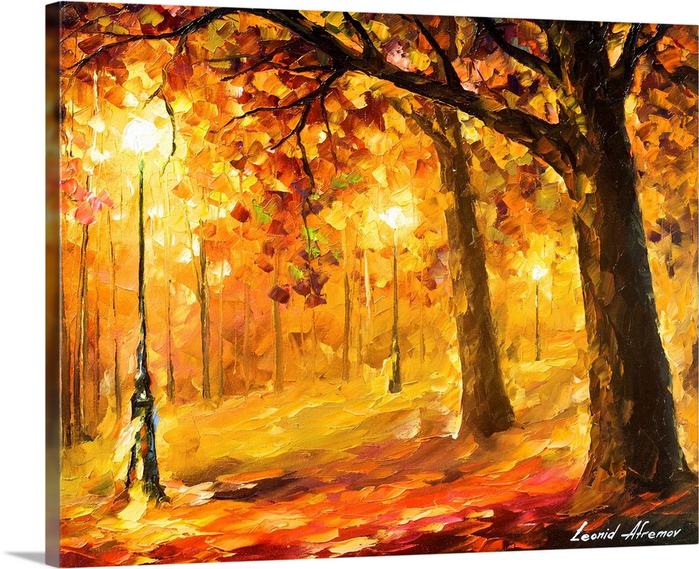 Contemporary colorful painting of light posts illuminating the foliage around them at night.