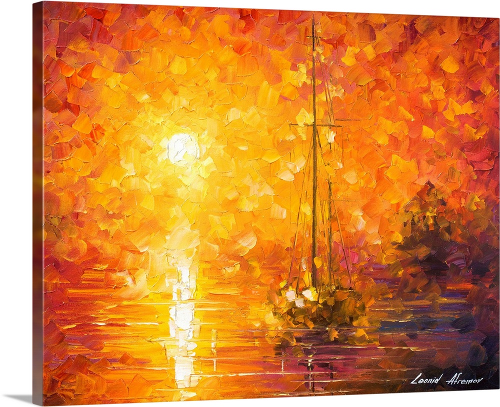 Contemporary colorful painting of a sailboat sitting in calm still waters, with the sun setting in the distance.