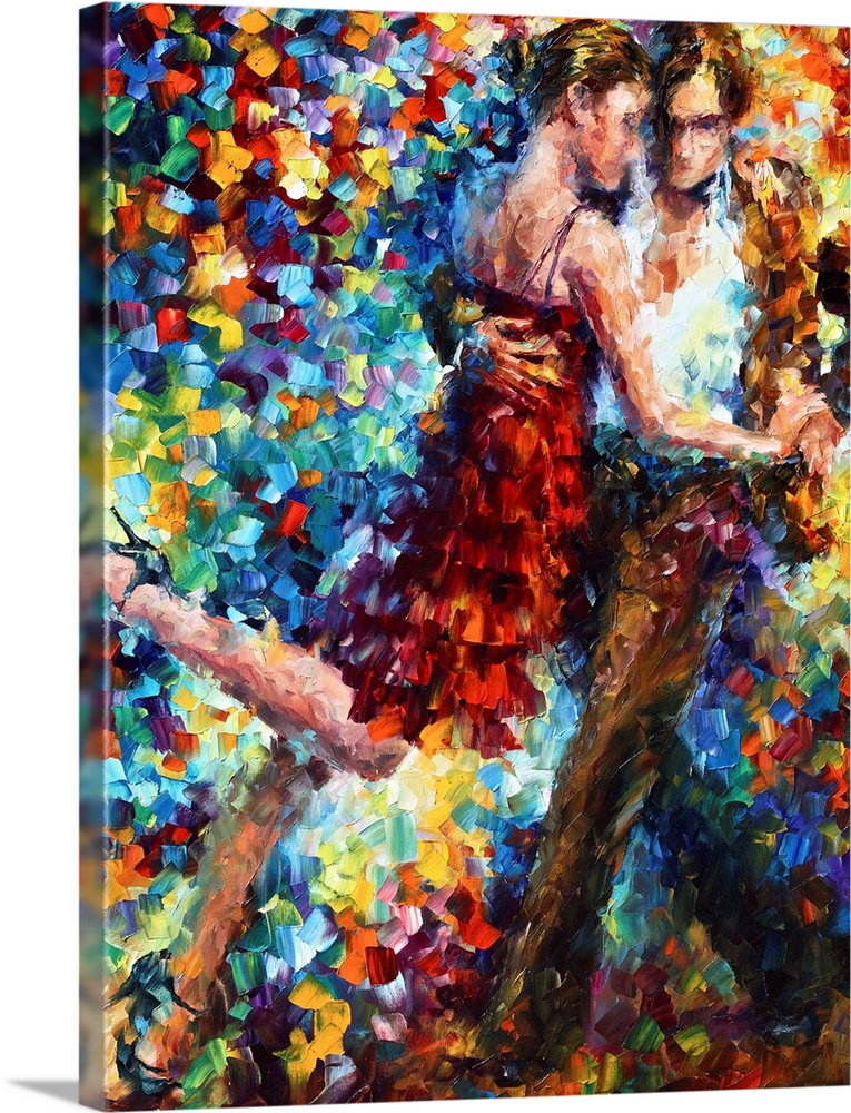 Contemporary painting of a couple dancing.  The image consists of small color daubs of paint.