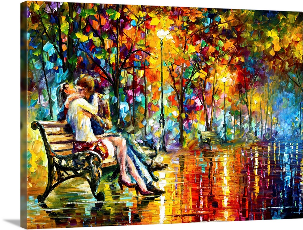Classical painting of couple kissing on park bench at night after a rain.  The bench is on a stone path lined by colorful ...