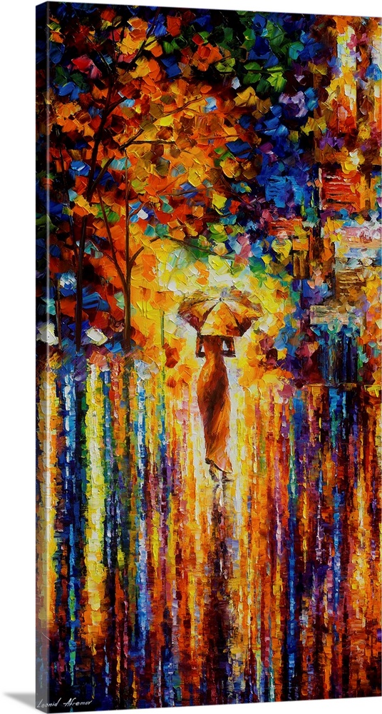 Contemporary colorful painting of a woman with an umbrella walking down a road in the rain.