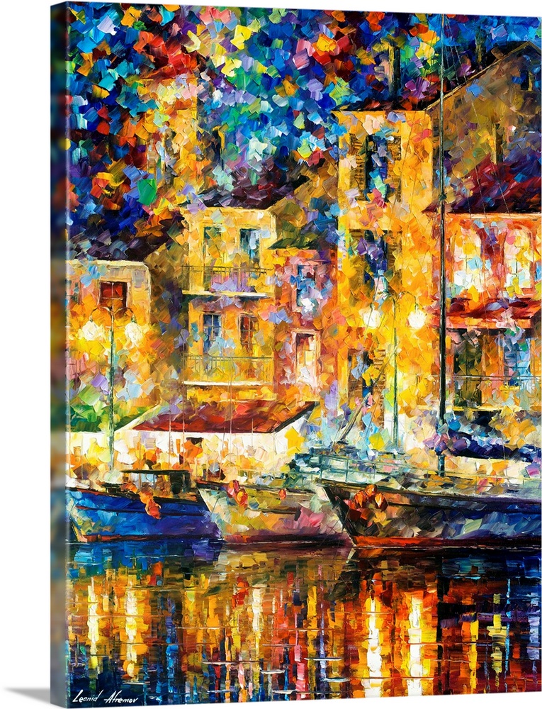 Contemporary colorful painting of an urban harbor with boats resting while the sun sets.