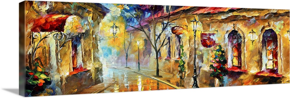 This energetically painted scene shows a fanciful city street in the early morning light on panoramic shaped decorative wa...